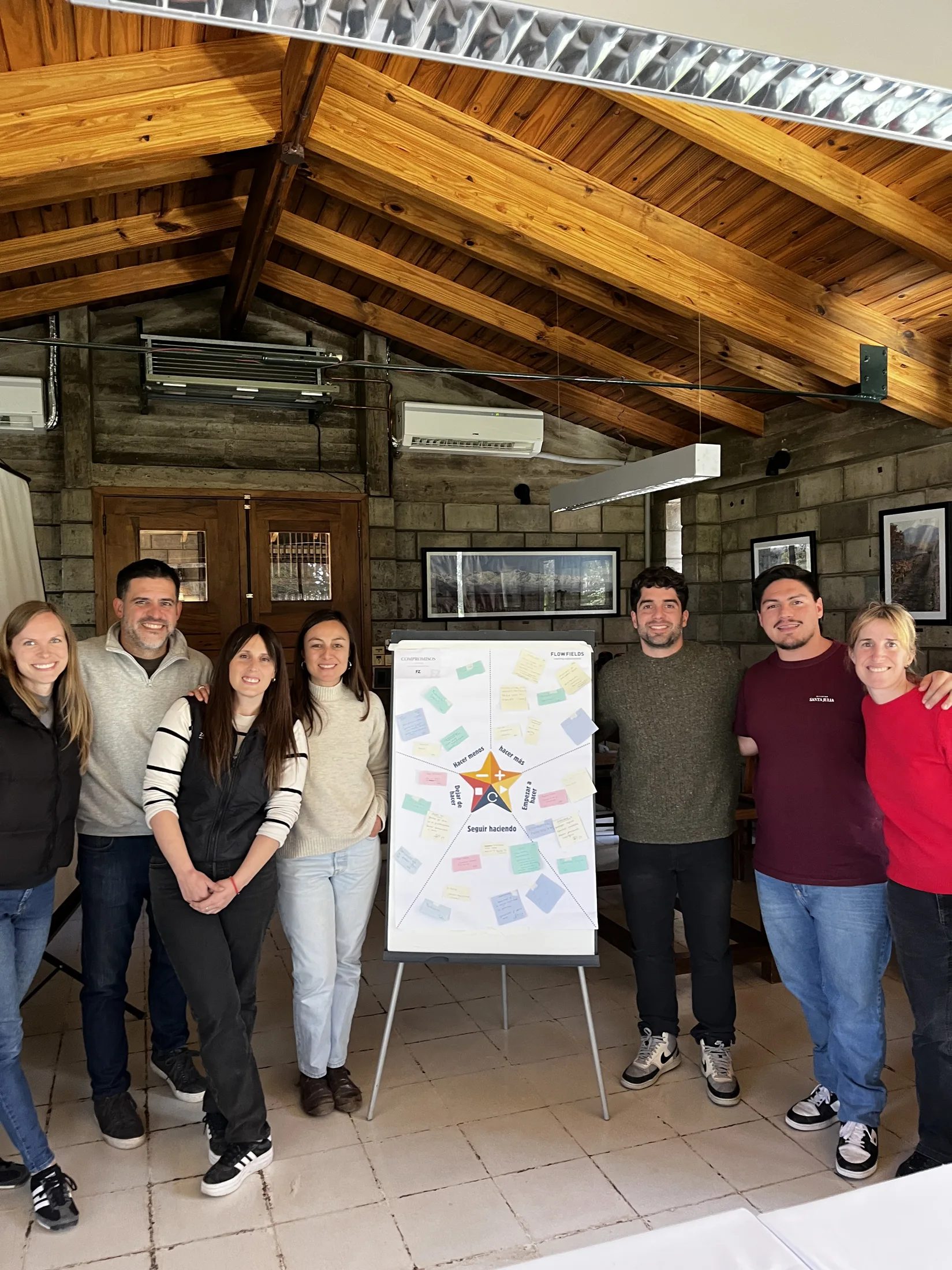Equipo junto al afiche de compromisos de la jornada Flowfields