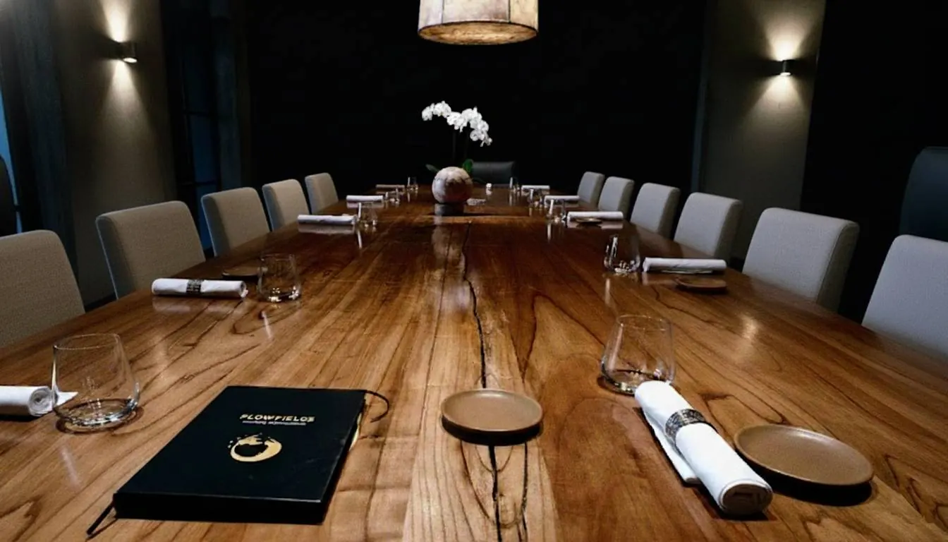 Sala de reuniones de directorio, carpeta de trabajo Flowfields sobre la mesa